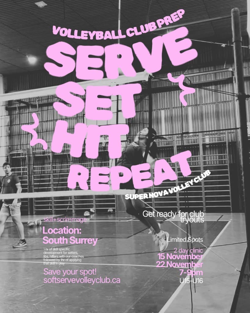 Super Nova Volleyball Club Serve Set Hit Repeat clinic flyer. Peace Portal Church. 15 and 22 November, 7 to 9pm. U15 to U16.